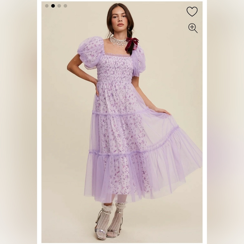 Listicle Lavender Floral Tulle Midi Dress